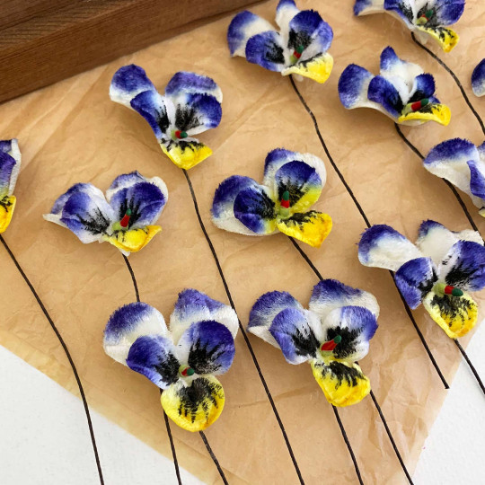 Bundle of Small Velvet Pansies ~ Johnny Jump Up Blue + Yellow ~ 12 Craft Stems