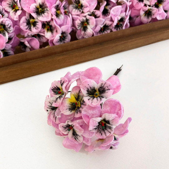 Bundle of Small Velvet Pansies ~ Lavender Purple + Yellow ~ 12 Craft Stems