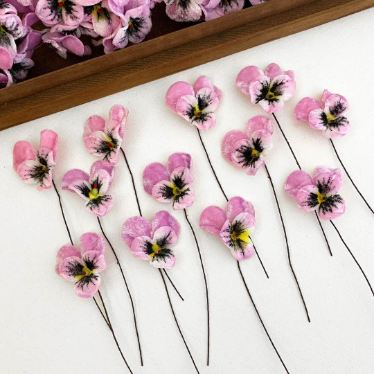 Bundle of Small Velvet Pansies ~ Lavender Purple + Yellow ~ 12 Craft Stems