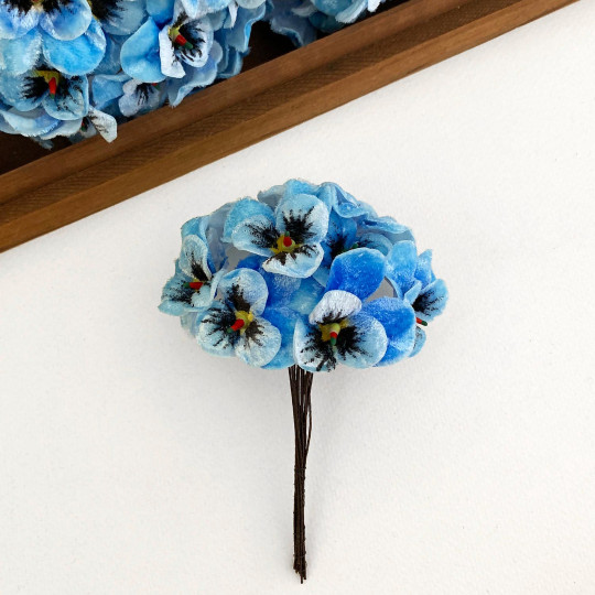 Bundle of Small Velvet Pansies ~ Blue Mix ~ 12 Craft Stems