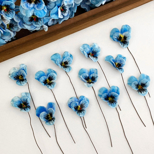Bundle of Small Velvet Pansies ~ Blue Mix ~ 12 Craft Stems