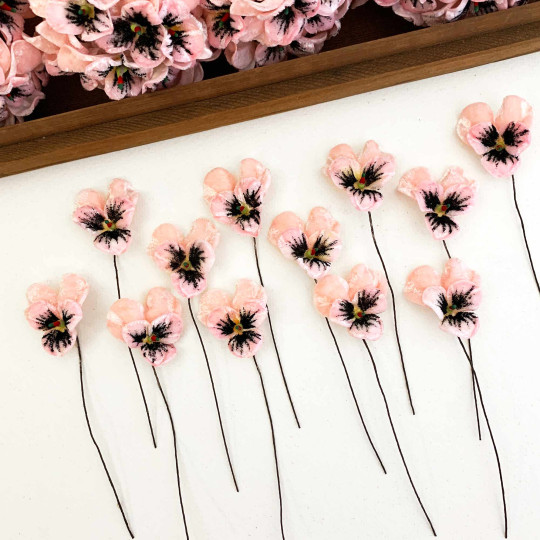 Bundle of Small Velvet Pansies ~ Light Pink ~ 12 Craft Stems