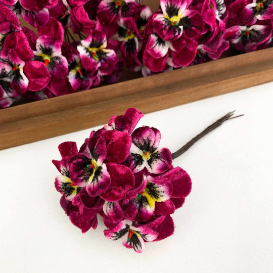 Bundle of Small Velvet Pansies ~ Magenta + Yellow ~ 12 Craft Stems