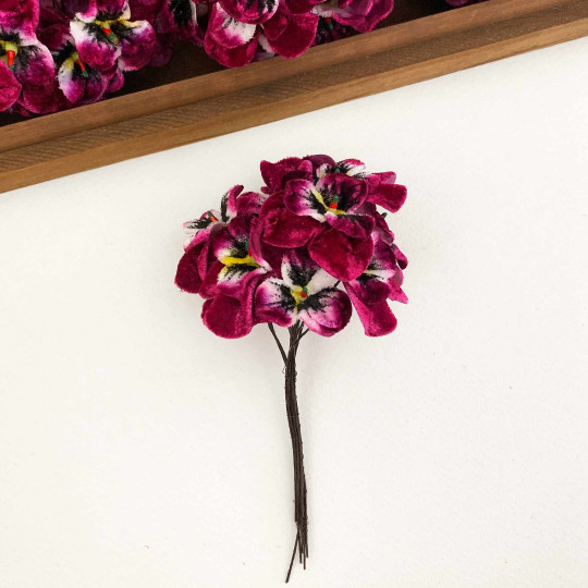 Bundle of Small Velvet Pansies ~ Magenta + Yellow ~ 12 Craft Stems