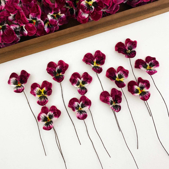 Bundle of Small Velvet Pansies ~ Magenta + Yellow ~ 12 Craft Stems