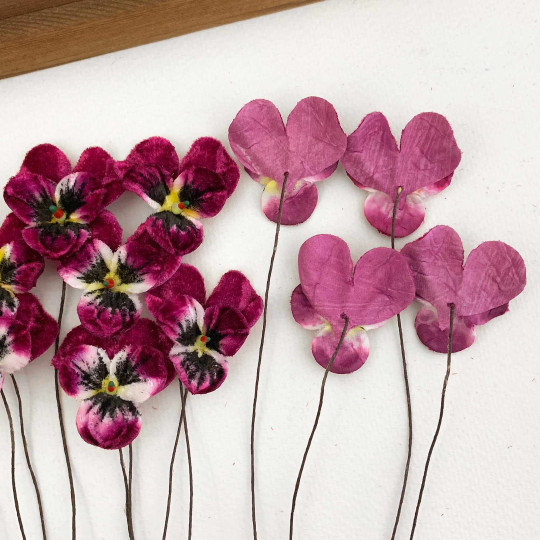 Bundle of Small Velvet Pansies ~ Magenta + Yellow ~ 12 Craft Stems