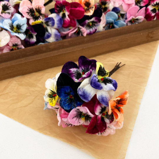Bundle of Small Velvet Pansies ~ Mixed Colors ~ 12 Craft Stems