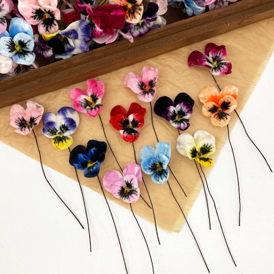 Bundle of Small Velvet Pansies ~ Mixed Colors ~ 12 Craft Stems