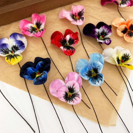 Bundle of Small Velvet Pansies ~ Mixed Colors ~ 12 Craft Stems