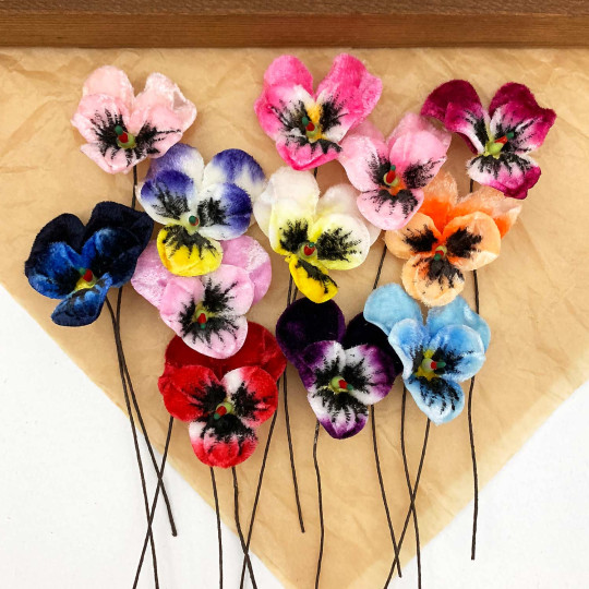 Bundle of Small Velvet Pansies ~ Mixed Colors ~ 12 Craft Stems