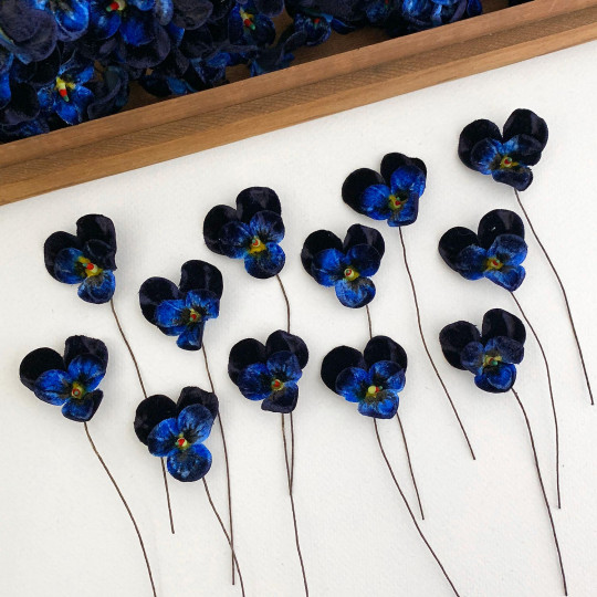 Bundle of Small Velvet Pansies ~ Navy Blue Mix ~ 12 Craft Stems