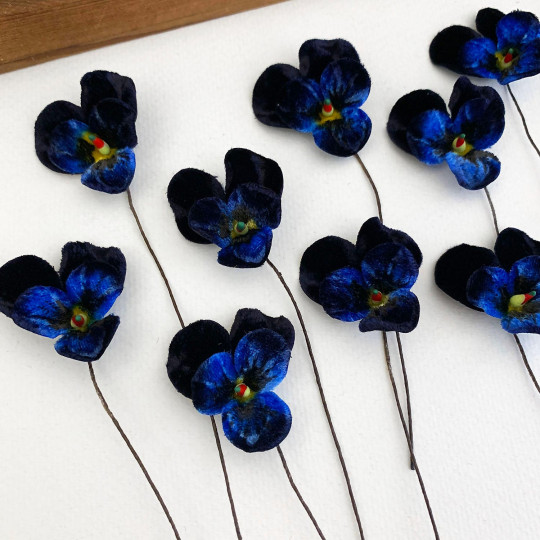 Bundle of Small Velvet Pansies ~ Navy Blue Mix ~ 12 Craft Stems
