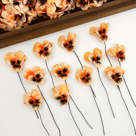 Bundle of Small Velvet Pansies ~ Peach + Orange ~ 12 Craft Stems