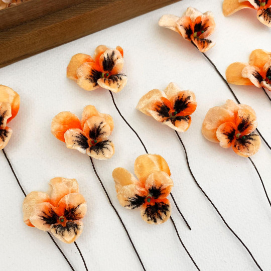 Bundle of Small Velvet Pansies ~ Peach + Orange ~ 12 Craft Stems