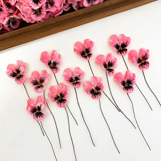 Bundle of Small Velvet Pansies ~ Pink ~ 12 Craft Stems