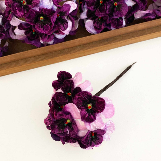Bundle of Small Velvet Pansies ~ Dark Purple + Light Purple ~ 12 Craft Stems