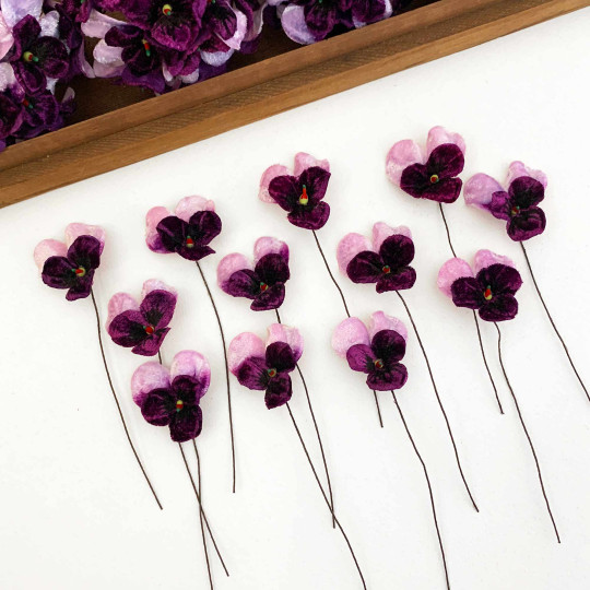 Bundle of Small Velvet Pansies ~ Dark Purple + Light Purple ~ 12 Craft Stems
