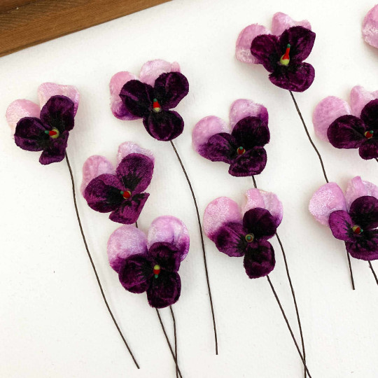 Bundle of Small Velvet Pansies ~ Dark Purple + Light Purple ~ 12 Craft Stems