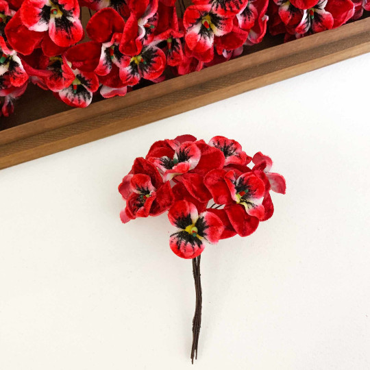Bundle of Small Velvet Pansies ~ Red + Yellow ~ 12 Craft Stems