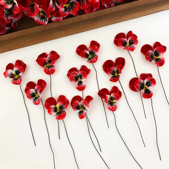 Bundle of Small Velvet Pansies ~ Red + Yellow ~ 12 Craft Stems