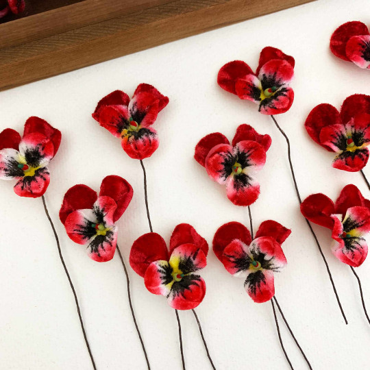 Bundle of Small Velvet Pansies ~ Red + Yellow ~ 12 Craft Stems