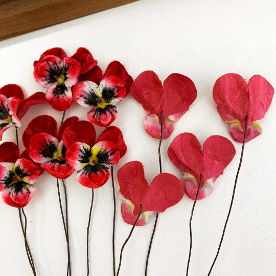 Bundle of Small Velvet Pansies ~ Red + Yellow ~ 12 Craft Stems
