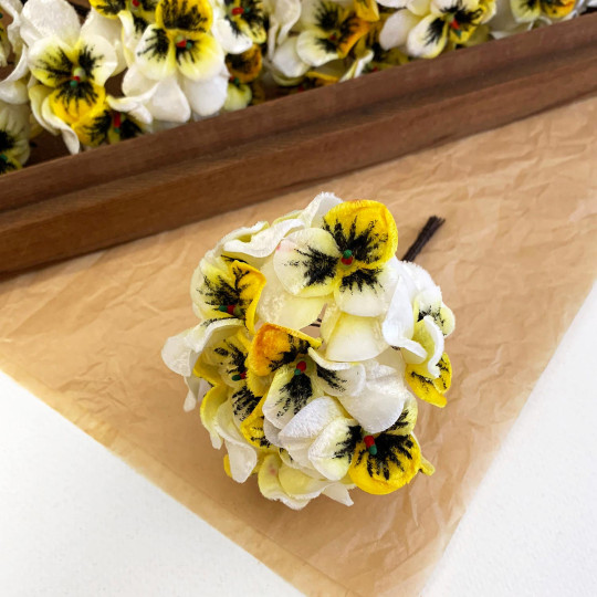 Bundle of Small Velvet Pansies ~ Yellow Mix ~ 12 Craft Stems