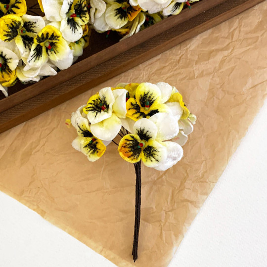 Bundle of Small Velvet Pansies ~ Yellow Mix ~ 12 Craft Stems
