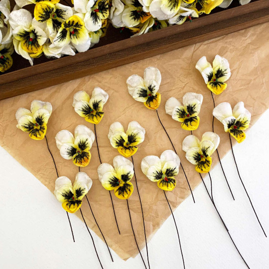 Bundle of Small Velvet Pansies ~ Yellow Mix ~ 12 Craft Stems