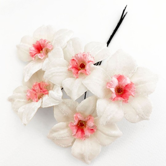 5 Velvet Fabric Narcissus ~ Czech Republic ~ White + Light Pink