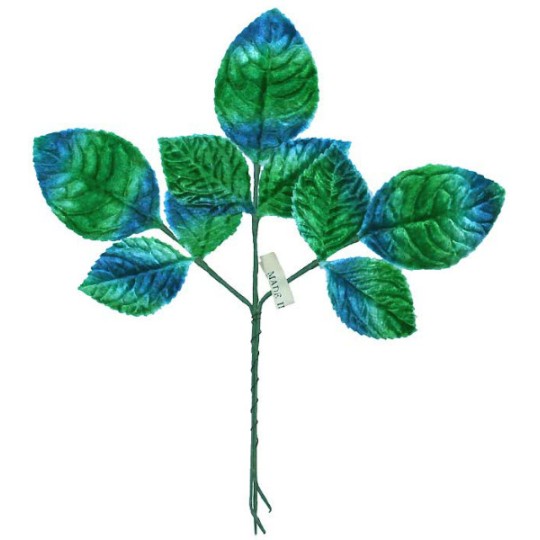 Sprig of Blue and Green Ombre Velvet Rose Leaves ~ Vintage Japan