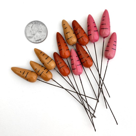 12 Small Spun Cotton & Lacquered Carrot Craft Stems ~ MIXED SET