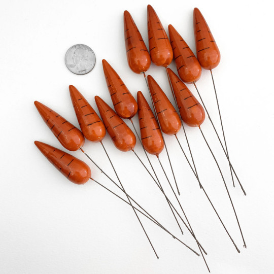 12 Spun Cotton & Lacquered Carrot Craft Stems ~ DARK ORANGE
