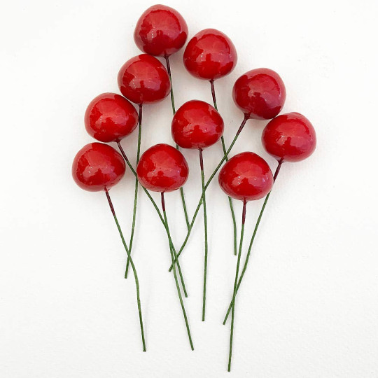10 Vintage Red Cherries Old Stock Millinery Fruit ~  3/4"