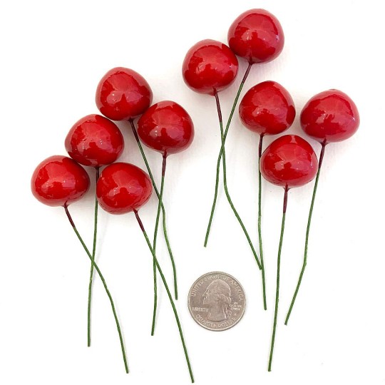 10 Vintage Red Cherries Old Stock Millinery Fruit ~  3/4"