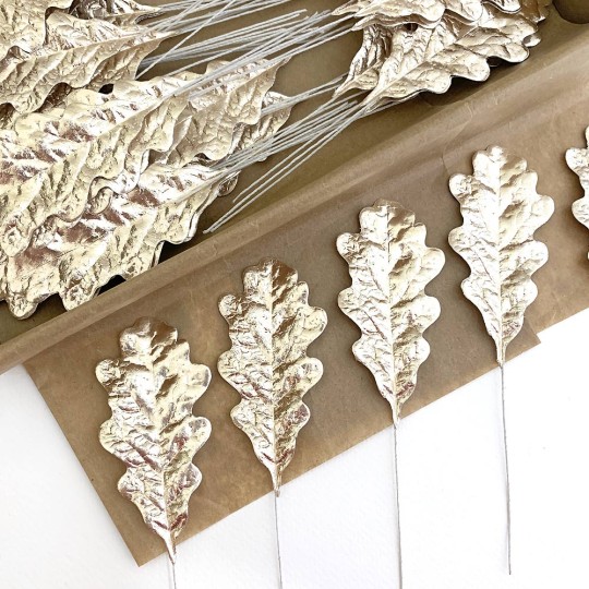 Set of 12 Pale Gold Foil Paper Oak Leaves ~ Autumn Craft Leaves