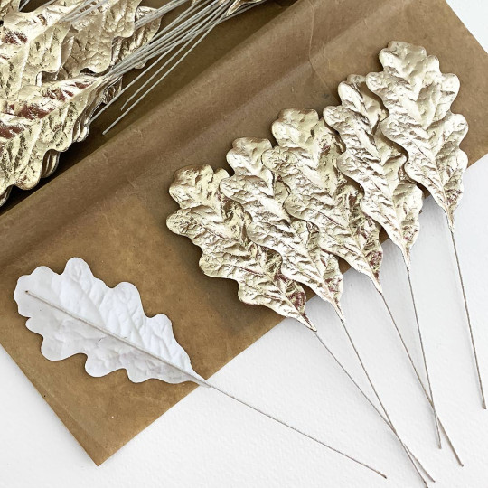 Set of 12 Pale Gold Foil Paper Oak Leaves ~ Autumn Craft Leaves