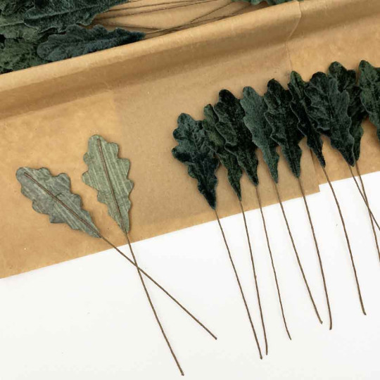 Set of 12 Petite Velvet Oak Leaves ~ DARK GREEN