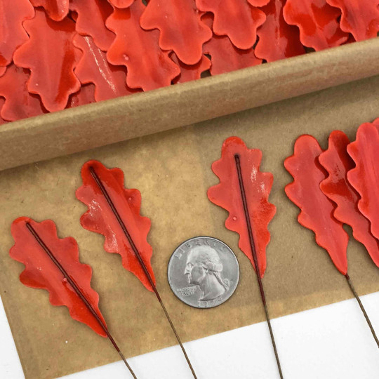 Red Lacquered Paper Oak Leaves ~ Bundle of 12 Old Fashioned Craft Leaves