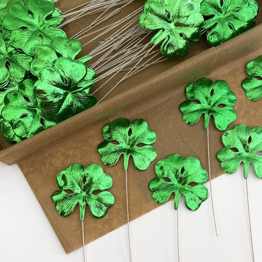 Set of 12 Green Foil Paper Shamrocks ~ Clover Leaves 