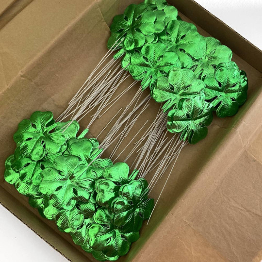 Set of 12 Green Foil Paper Shamrocks ~ Clover Leaves 