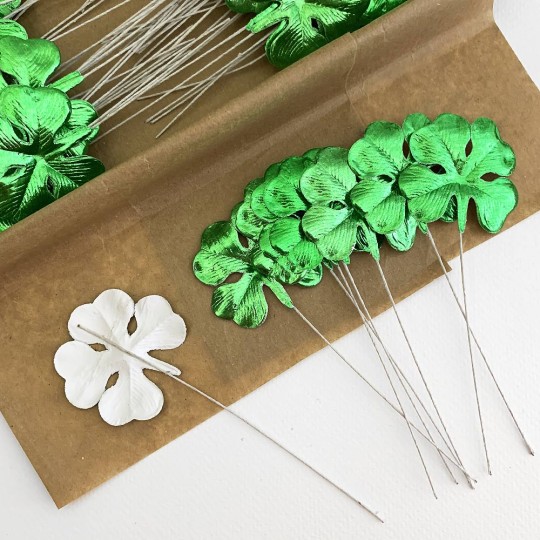 Set of 12 Green Foil Paper Shamrocks ~ Clover Leaves 