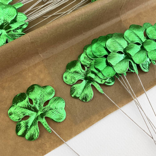 Set of 12 Green Foil Paper Shamrocks ~ Clover Leaves 