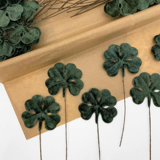 Set of 12 Dark Green Velvet Shamrocks ~ Clover Leaves 