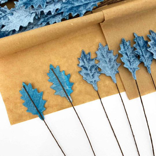 Set of 12 Petite Velvet Holly Leaves ~ BLUE