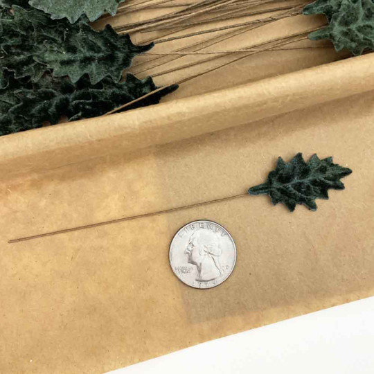 Set of 12 Petite Velvet Holly Leaves ~ DARK GREEN