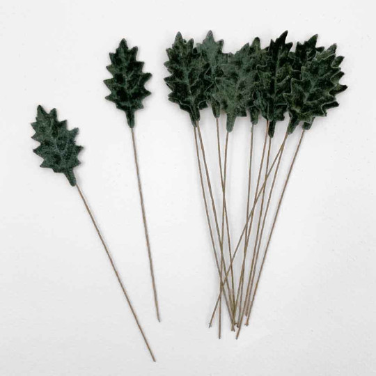 Set of 12 Petite Velvet Holly Leaves ~ DARK GREEN