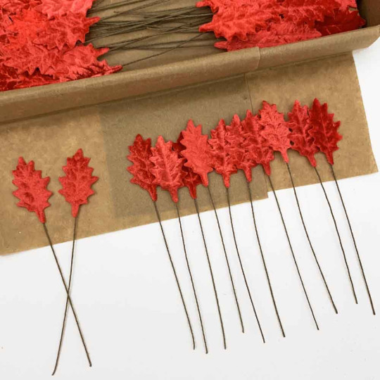 Set of 12 Petite Velvet Holly Leaves ~ RED