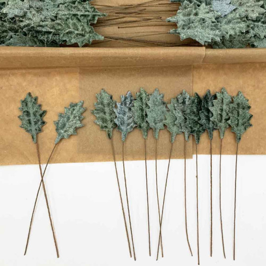 Set of 12 Petite Velvet Holly Leaves ~ SAGE GREEN