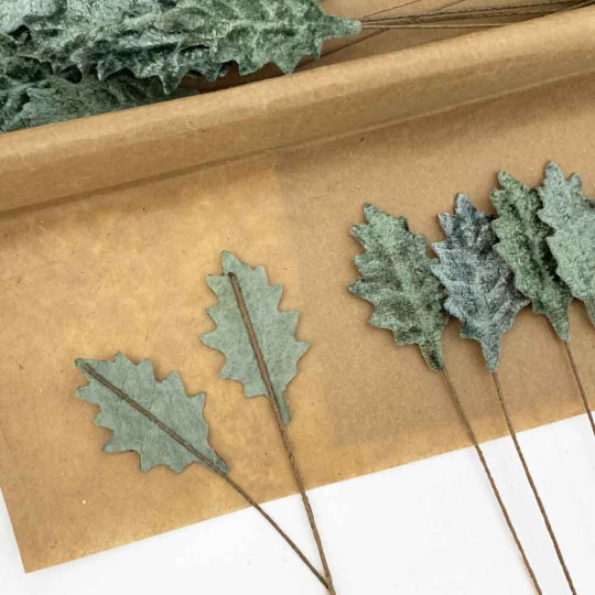 Set of 12 Petite Velvet Holly Leaves ~ SAGE GREEN